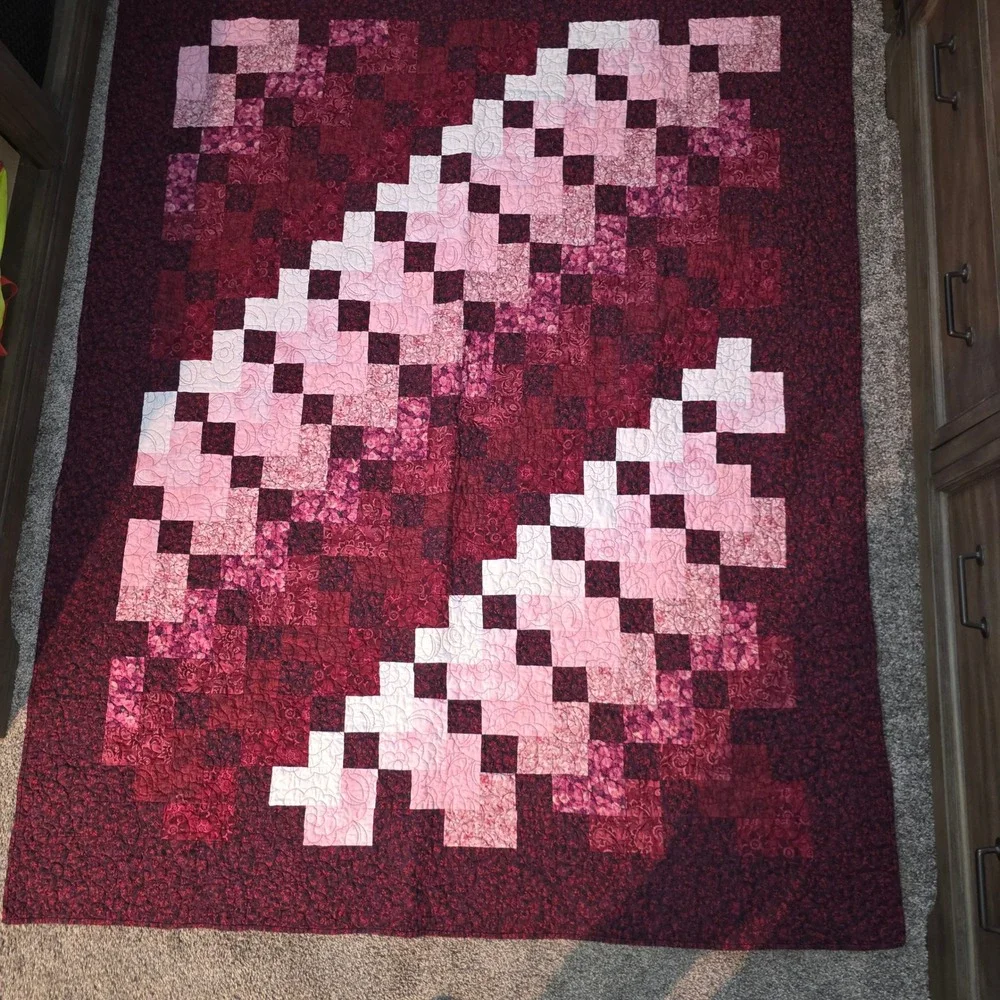 Handmade Patchwork Quilt Burgundy Pink Magenta Diagonal Pattern 68x55 Graduation